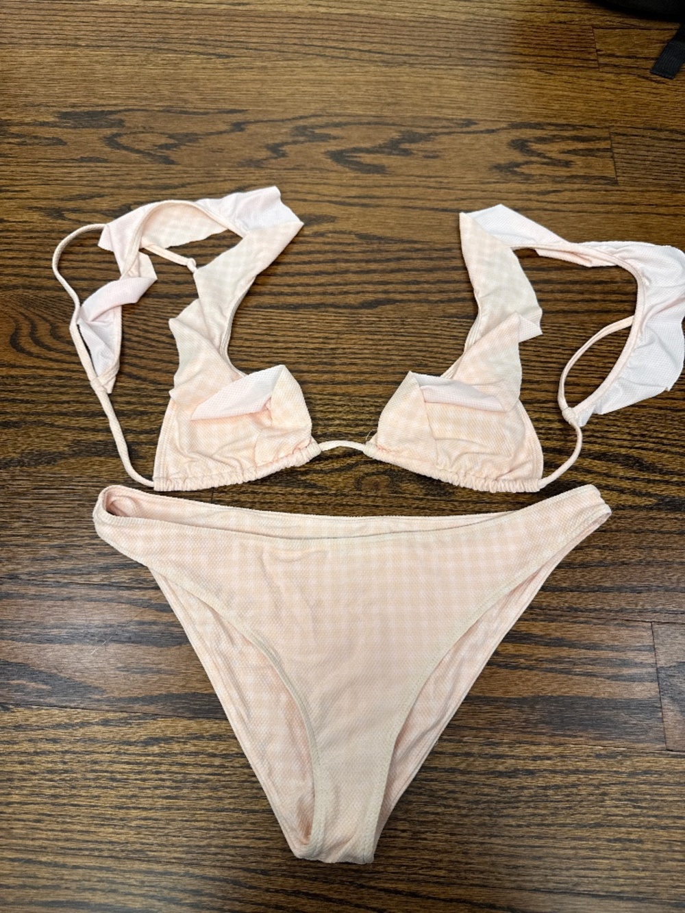 Lovers + Friends Peach and White Checkered Ruffle Bikini